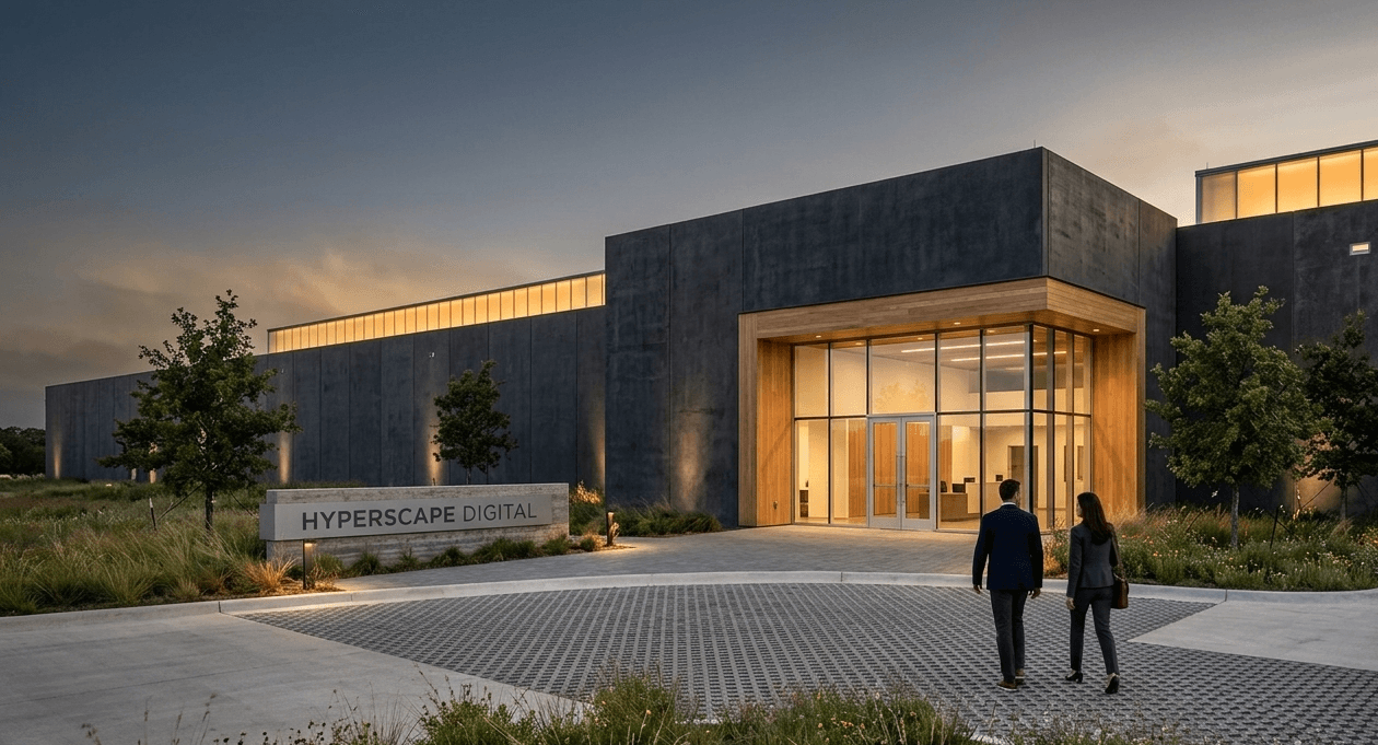The campus main entrance — glass-and-warm-wood entry portal set into charcoal precast
