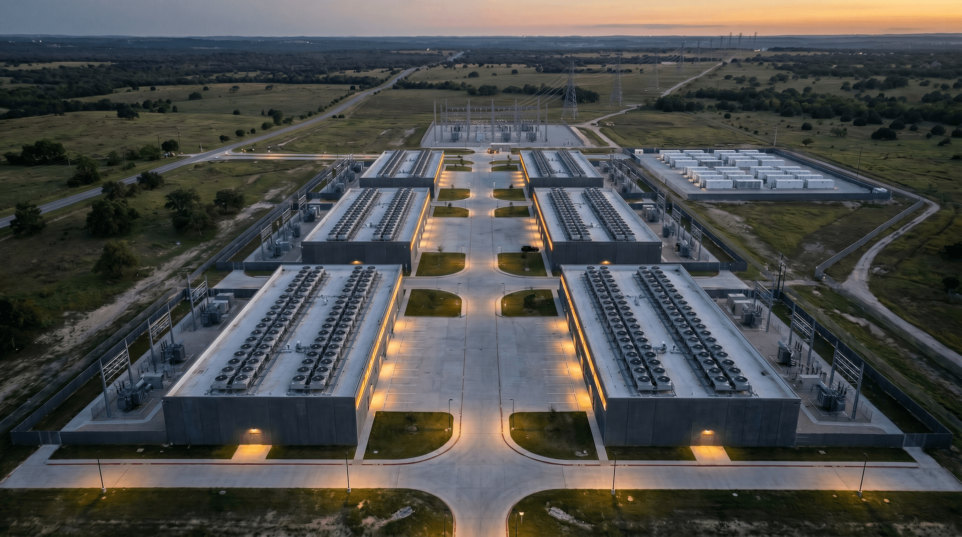 Aerial view of a hyperscale data center campus at dusk