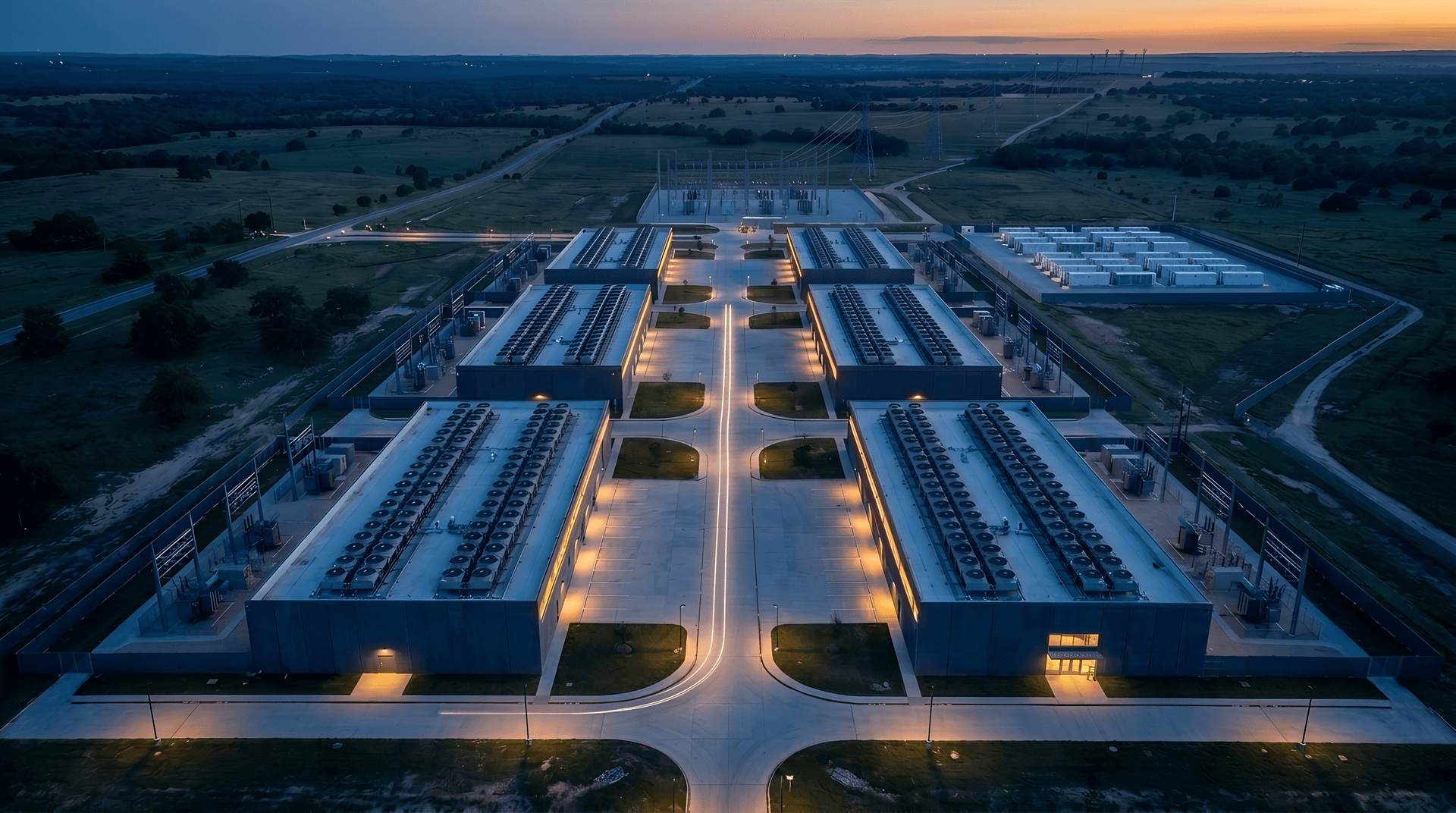 The campus at blue hour, calm dark masses with precise rows of warm roof glow