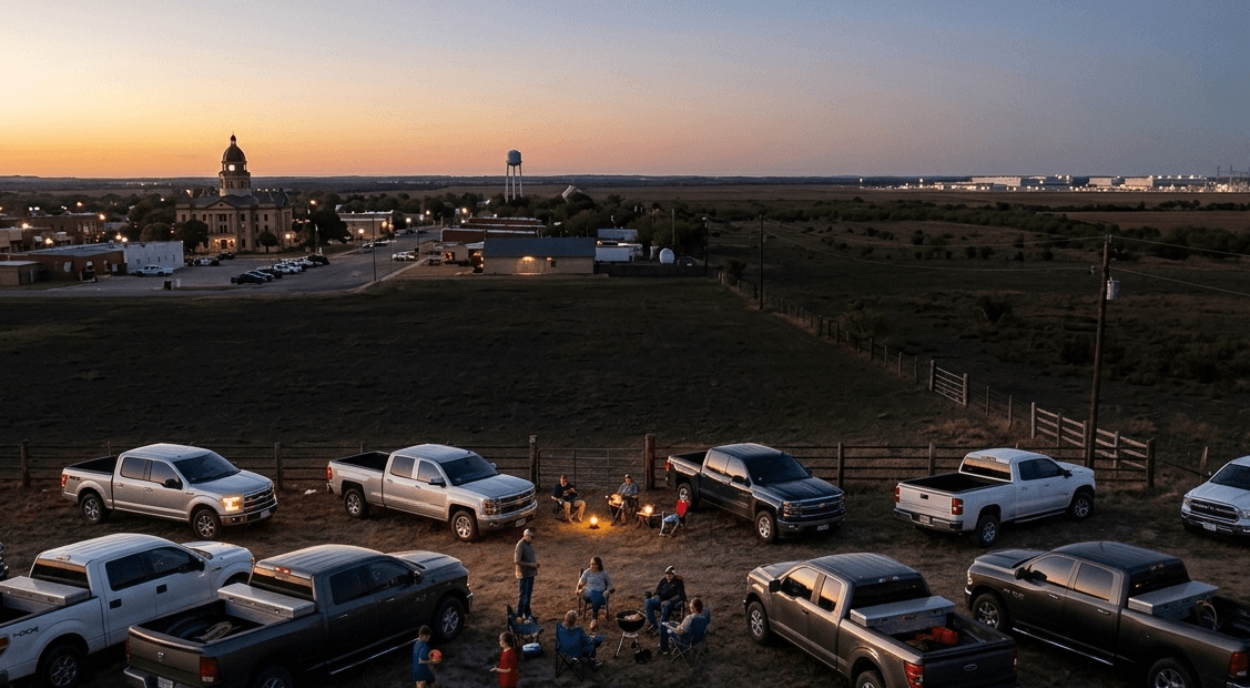 A small Texas town at Friday-night dusk with the campus a calm glowing presence beyond the fields