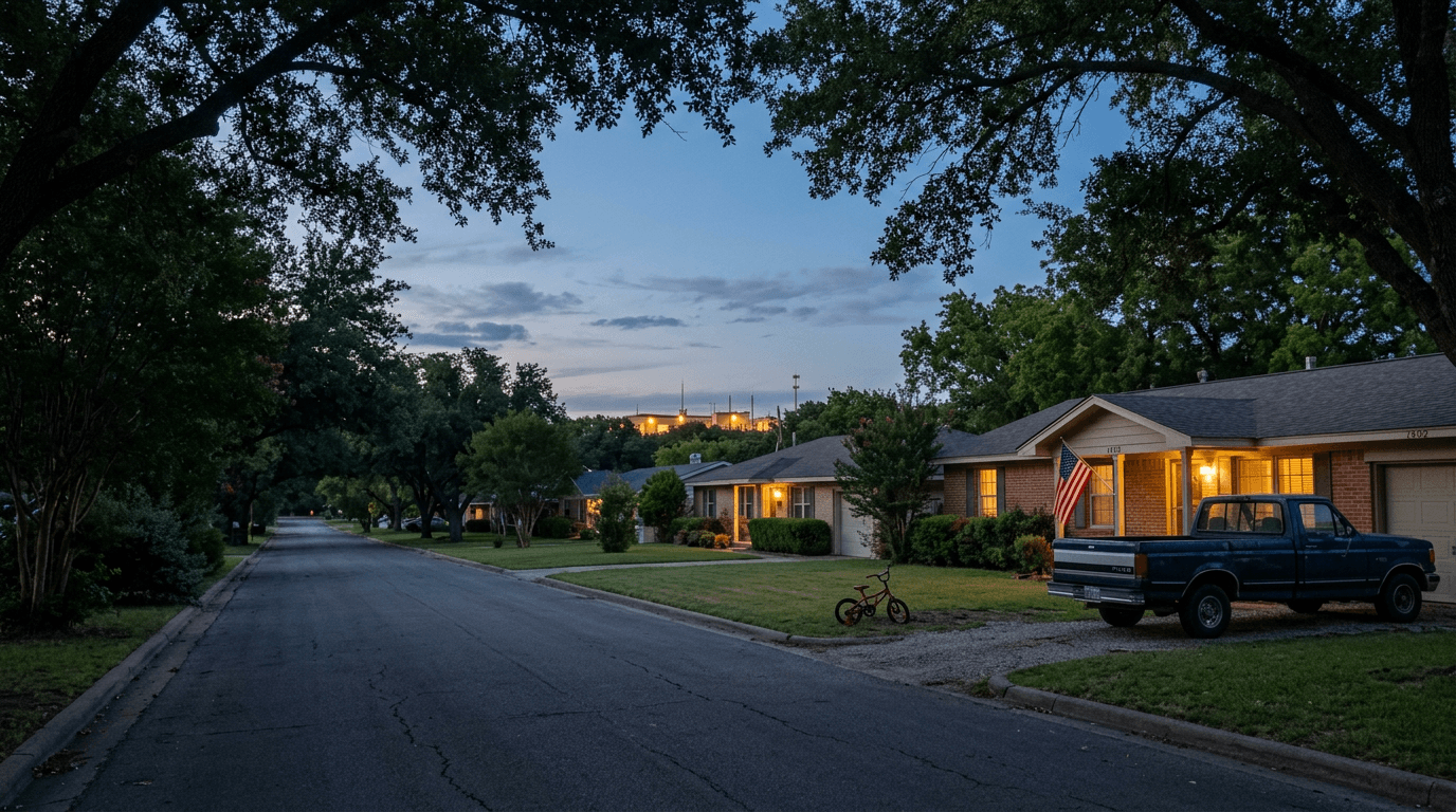 A quiet residential street at dusk, warm-lit homes undisturbed, the campus glowing separately on the distant horizon