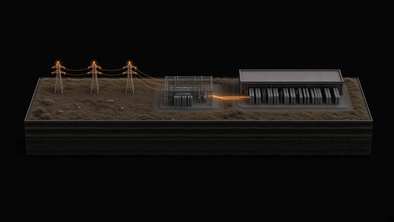 Scale model of power moving from transmission towers through a substation into a data hall