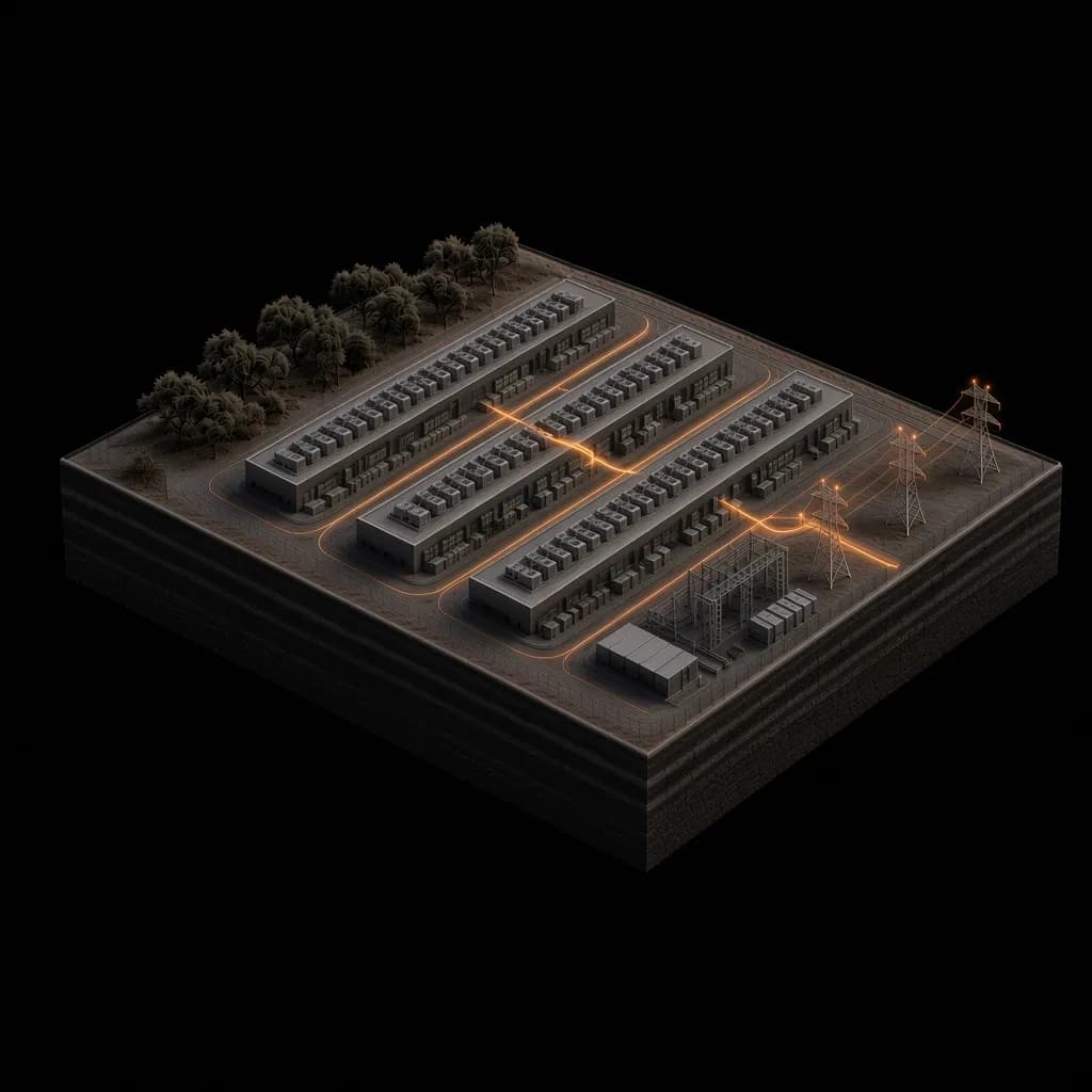 Campus model: four halls, a substation, and transmission towers, with amber power paths
