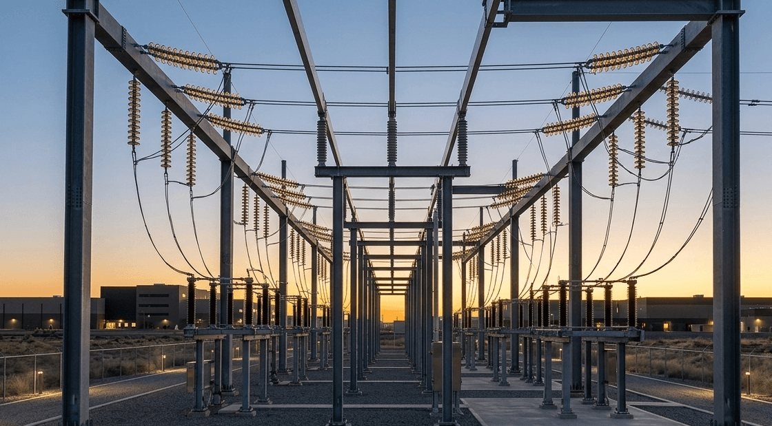 A new dedicated substation at dusk, rows of steel gantries catching the last warm light