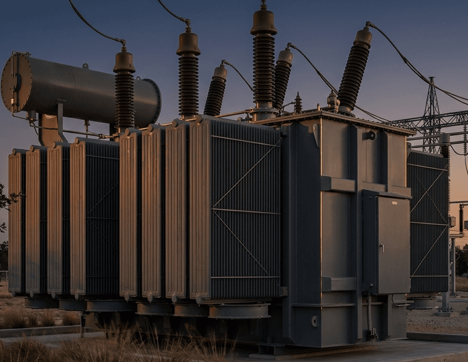 A large power transformer at dusk, cooling radiator fins in rhythmic ranks