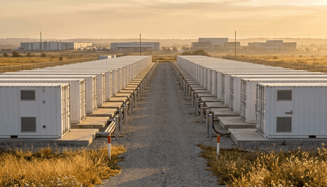 A corridor of utility-scale battery storage containers in precise rows at golden hour
