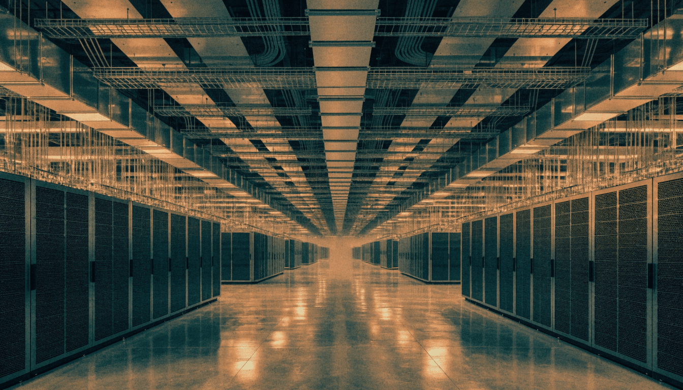A commissioned high-density data hall, dense rack rows under a heavy canopy of busway and cooling headers