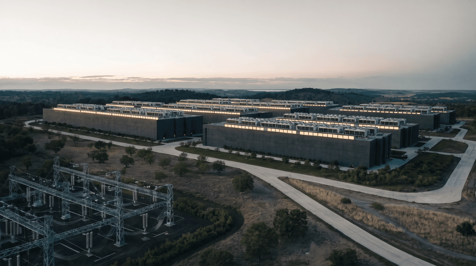 The campus's dedicated substation energized at blue hour, the operating campus glowing behind it