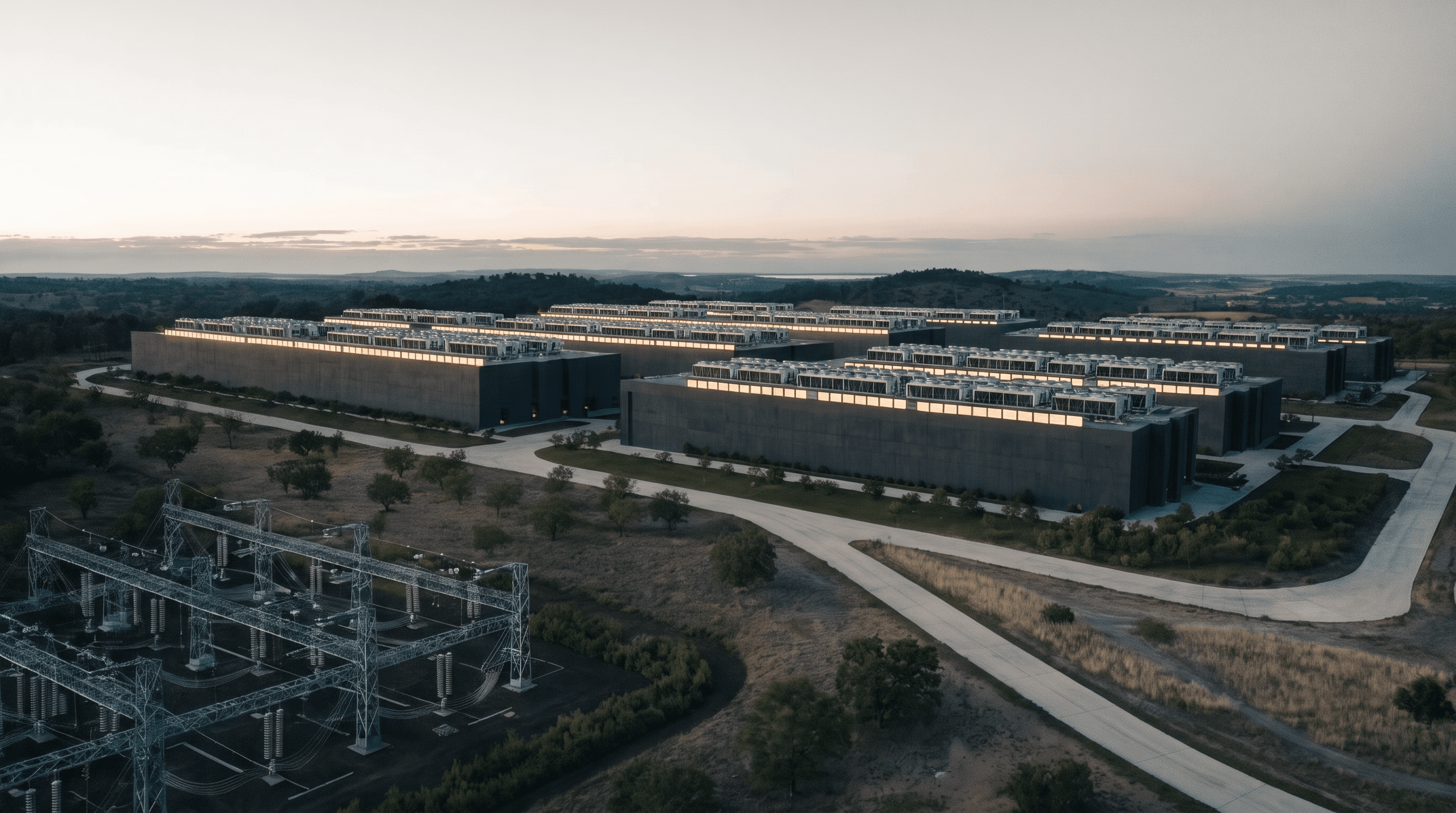 The campus's dedicated substation energized at blue hour, the operating campus glowing behind it