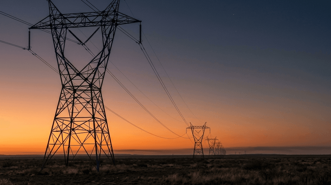 Twilight silhouette of high-voltage transmission towers receding across West Texas land