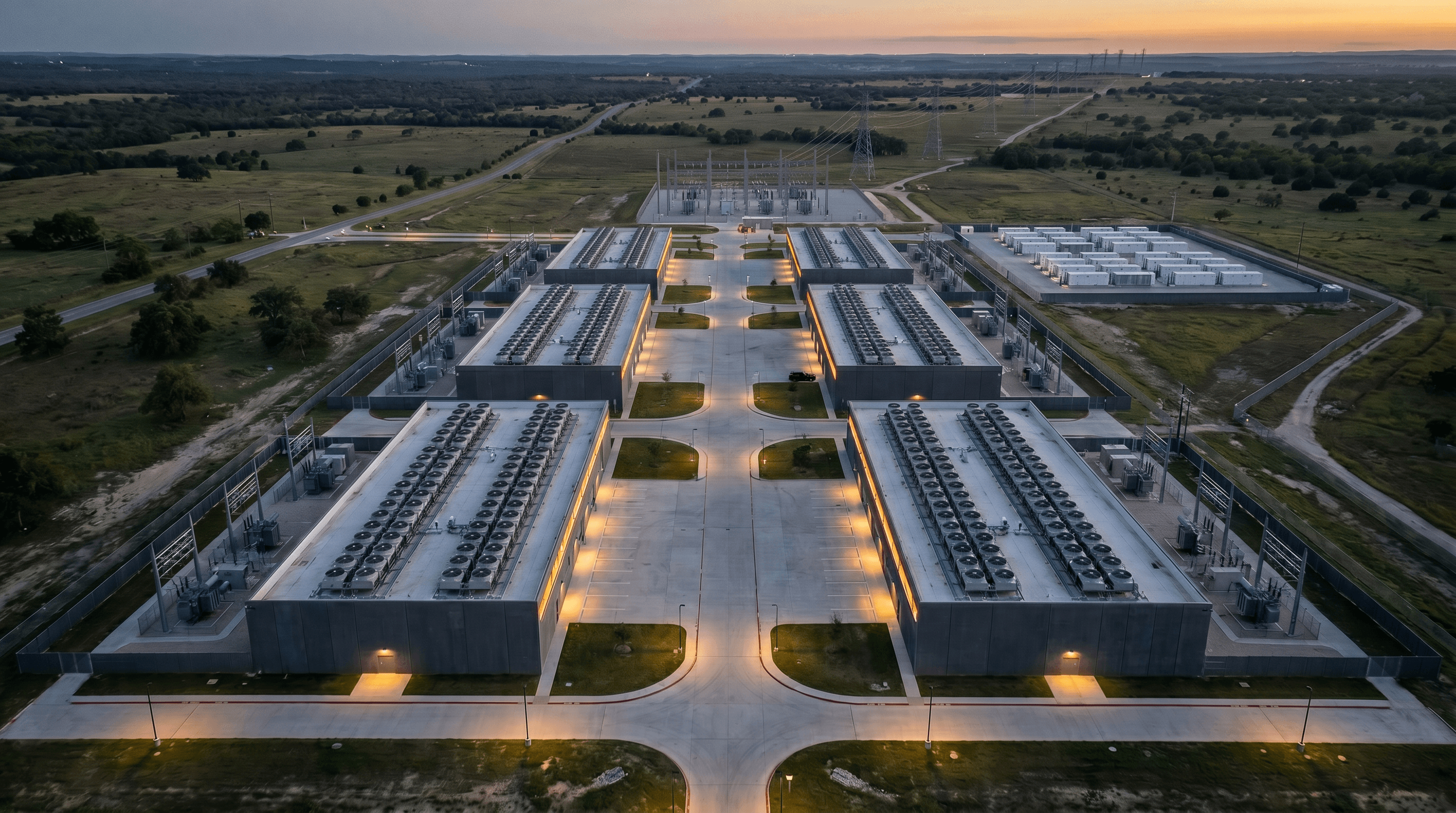 Aerial view of a hyperscale data center campus at dusk