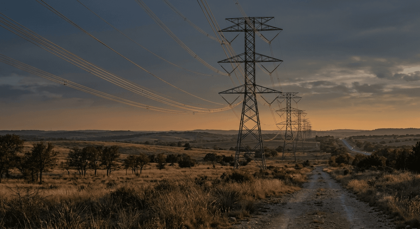 A high-voltage transmission corridor crossing open ranchland at golden hour