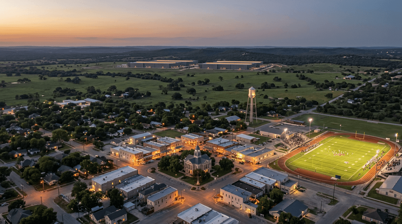 A small Texas town at dusk with the data center campus glowing softly a mile beyond